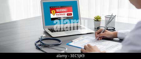 Virus warning alert on computer screen detected brisk cyber threat , hacker, computer virus and malware Stock Photo