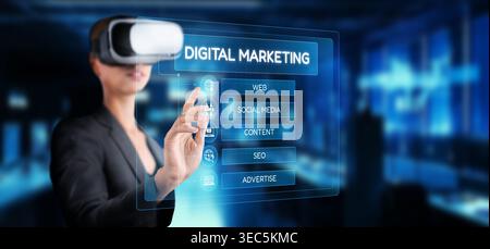A professional woman interacts with futuristic technology, showcasing strategies for online marketing, SEO, and social media in an immersive digital Stock Photo