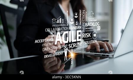 A professional woman works on her laptop in a modern office, engaging with agile project management concepts such as Scrum, Kanban, and collaboration Stock Photo