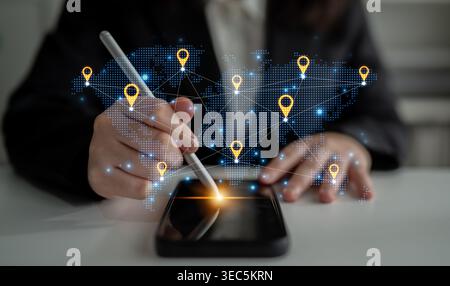 Concept of a global logistics network with location pins on a world map. This represents an international supply chain and distributed business Stock Photo