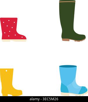 A flat illustration collection featuring various colorful rubber boots Stock Vector