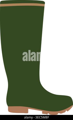 Simple illustration of a tall dark green rubber boot with a brown sole and sturdy treaded bottom. Stock Vector
