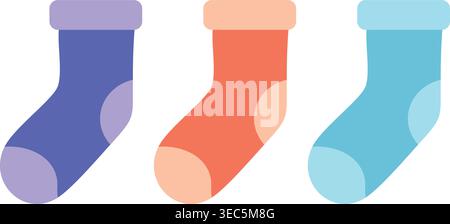 Simple illustration of three pastel colored socks hanging side by side in blue peach and light blue tones. Stock Vector
