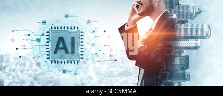 A technical diagram illustrating the core capabilities of Artificial Intelligence. This includes machine learning, robotics, speech recognition, and Stock Photo