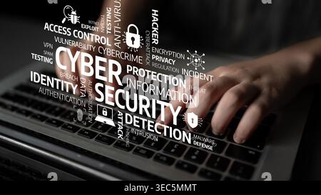 A close-up image of hands typing on a keyboard, highlighting key concepts in cyber security. The focus is on protection, detection, and safety in the Stock Photo