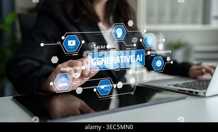 Close-up of Business Professional Hand Interacting with Digital Interface Displaying Generative AI, Machine Learning Concepts, and Imagination in Stock Photo