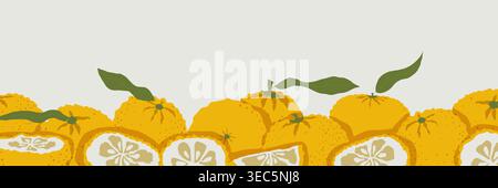 Horizontal yuzu citrus border with fruits slices and leaves in hand drawn asian style vector illustration along bottom edge non seamless composition Stock Vector