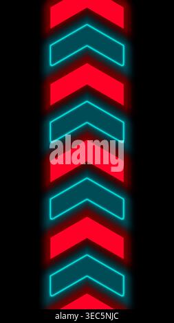 vertical stack vibrant red and electric cyan neon chevron arrows glows against a black background, futuristic technology aesthetic modern digital asse Stock Vector