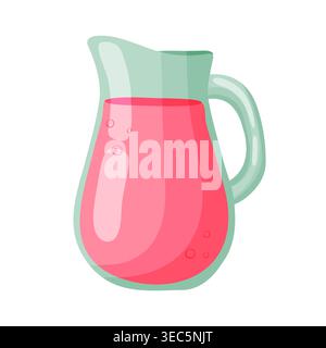 Cartoon illustration of a glass pitcher filled with pink lemonade or fruit drink with bubbles and mint green handle, isolated on white background, sum Stock Vector