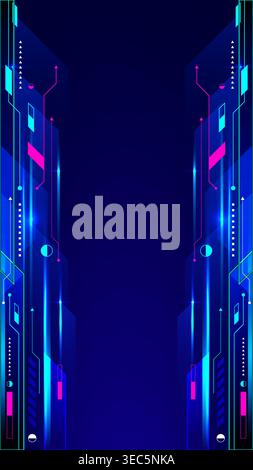 Futuristic digital background with neon blue and pink geometric patterns and glowing light trails for gaming and technology themes Stock Vector