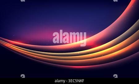 abstract orange and pink glowing waves on dark violet background with golden light particles for modern cosmic digital art wallpaper Stock Vector