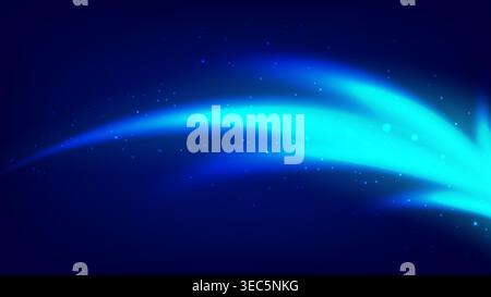 Abstract blue neon light trails and glowing particles on dark navy background, dynamic motion energy and futuristic cosmic flow for modern technology Stock Vector