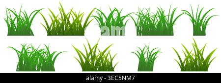 Green grass bushes and wild lawn plants isolated vector set with lush blades and meadow vegetation in cartoon style for spring garden landscape design Stock Vector