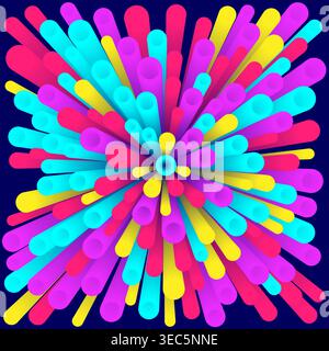 vibrant 3D explosion of colorful rounded cylinders neon pink blue and yellow tubes radiating from the center to dynamic burst effect on a dark blue ba Stock Vector