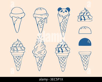 Hand drawn doodle Ice cream set with cones Stock Vector
