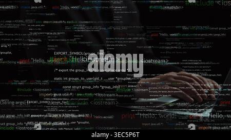 A focused view of hands typing on a laptop keyboard surrounded by abstract lines of code, showcasing the essence of programming and digital technology Stock Photo