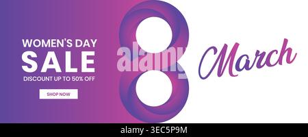 8 March Women’s Day Banner Design, Floral Gradient 3d Number Eight with Background for Social Media Cover and Website Header Template. Stock Vector