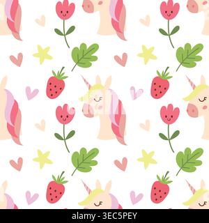 Seamless pattern with unicorn, tulip and strawberry doodle Stock Vector