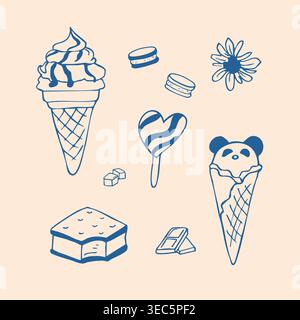 Hand drawn doodle sweet desserts set with Ice cream, candy and chocolate Stock Vector