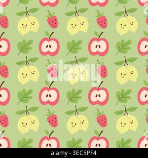Seamless pattern with cute lemon, apple and strawberry doodle Stock Vector