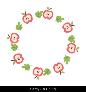 Round frame wreath with apple slice and green leaf doodle Stock Vector