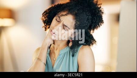 Woman, neck pain or pressure with stress for mistake, inflammation or burnout in office. Frustrated, female person and night with bad posture, strain Stock Photo