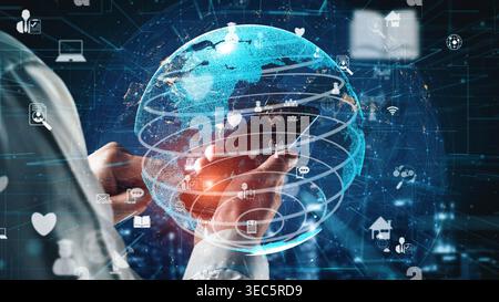 This image represents the concept of digital transformation, showcasing a globe surrounded by various icons that symbolize technology, connectivity Stock Photo