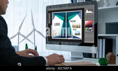 Graphic designer software for modern design of web page and commercial brisk ads showing on the computer screen Stock Photo