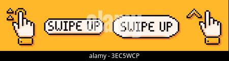 Swipe up pixel buttons drawn in black and white color on yellow background. Stock Vector