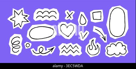 Crayon doodle scrapbook elements. Hand drawn cutout collage stickers. Collage oval, arrow, star and heart. Paper scrapbook vintage shape crayon Stock Vector
