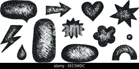 Crayon doodle sticker shape set. Hand drawn oval, heart, star icons. Charcoal texture. Graphic element for fun collage. Kid sketch drawing. Vector Stock Vector