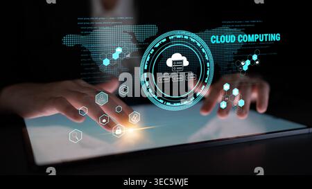 Global cloud computing platform providing services for software development. A worldwide network for data storage, security, and application hosting Stock Photo