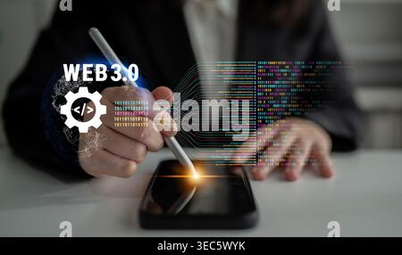 The concept of Web 3.0 development and decentralized data processing. The flow of binary code and information in the next generation internet. Motif Stock Photo