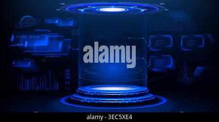 Futuristic hologram podium with glowing blue light portal and digital tech interface elements. 3d data visualization background - circular platform, hud panels, wireframe geometry and chart graphics Stock Vector
