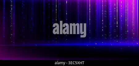 Data light streams flowing vertically with AI technology effects on blue abstract bg. Digital particle patterns in luminous tech lines and glowing beams. Futuristic light flares and data visualization Stock Vector