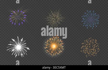 Bright, colorful fireworks bursts arranged on a transparent background for festive celebrations, parties, New Year and Independence Day designs. Stock Vector