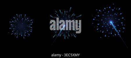Blue Neon Fireworks Set Collection, Electric Spark Burst and Rocket Explosion Effects for Celebration Night Festival Background Stock Vector