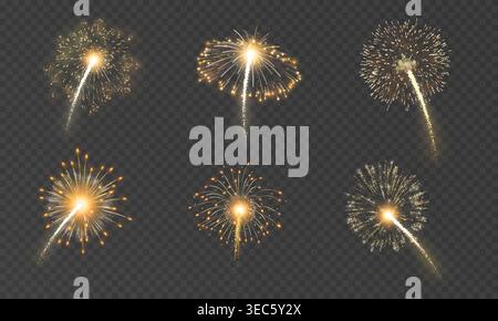 Golden Rocket Fireworks Burst Set, Sparkling Sky Explosion Collection with Festival Celebration Light Effects Isolated on Transparent Background Stock Vector