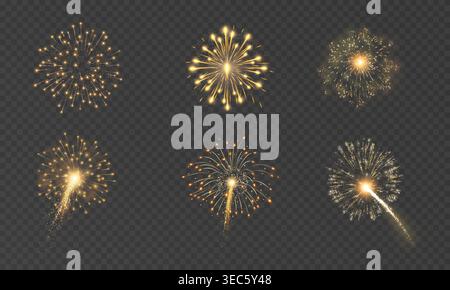 Golden fireworks bursts and sparkling explosions Set on a transparent background, perfect for celebrations, New Year, party invitations, Stock Vector