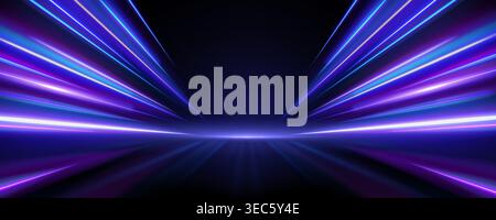 Radial motion blur creating dynamic tunnel effect with glowing trails. Purple and blue light rays burst on dark backdrop for racing scenes, futuristic tech designs and fast paced digital artwork. Stock Vector