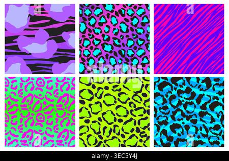 Psychedelic seamless animal patterns set. Vector realistic illustration of neon color leopard, cheetah, zebra, tiger prints with bright spots stripes, y2k groovy wallpaper background, trippy design Stock Vector