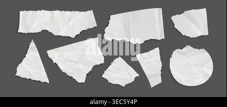Crumpled paper texture with torn edges and realistic wrinkle effects. White grunge notebook sheets with ripped borders, vintage creases and rough surface for posters and scrapbook paper designs. Stock Vector