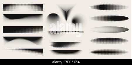Halftone dot pattern set with gradient fade effects and circles texture. Abstract vector backgrounds and screentone borders, triangle and oval shapes, subtle grain for graphic design projects. Stock Vector