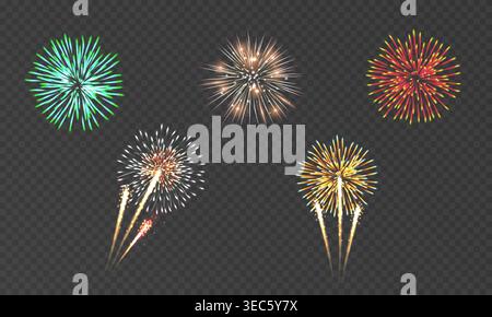 Vibrant multicolored fireworks bursts on a transparent background, evoking celebration, excitement and festivity for holidays, parties, New Year. Stock Vector