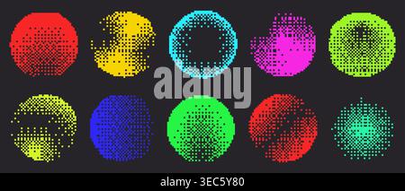 Bitmap pixel circle shapes in vibrant colors - round dot pattern with halftone gradient texture. Abstract retro digital elements for modern graphic projects or gaming interfaces on dark backdrop. Stock Vector