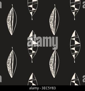 minimalist monochrome seamless pattern with stylized abstract leaves and feathers on black background for modern textile, home decor wallpaper, and st Stock Vector