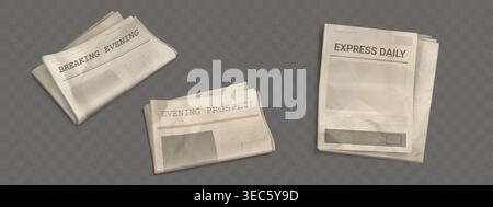 Newspaper mockup set with folded crumpled paper templates in realistic style. Various vector news layout designs with article columns, text blocks and image placeholders for press media publication. Stock Vector