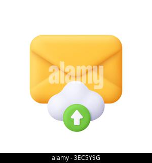 Yellow envelope with a white cloud and a green upload arrow. Technology, communication, cloud storage, email services and message upload concept. 3d v Stock Vector