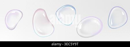 Realistic glass soap ball set with vibrant rainbow gradient and holographic sheen. Transparent 3D liquid bubble sphere with iridescent light refraction, colorful overlay and fluid water texture. Stock Vector