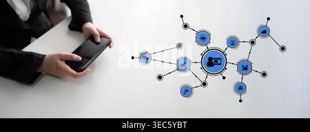 A person interacts with a smartphone, with digital icons symbolizing various aspects of technology and connectivity, set against a minimalistic Stock Photo